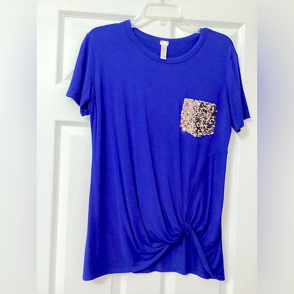Sequin Pocket Tee w/Twist Front, Small, Color Royal Blue - Picture 1 of 5